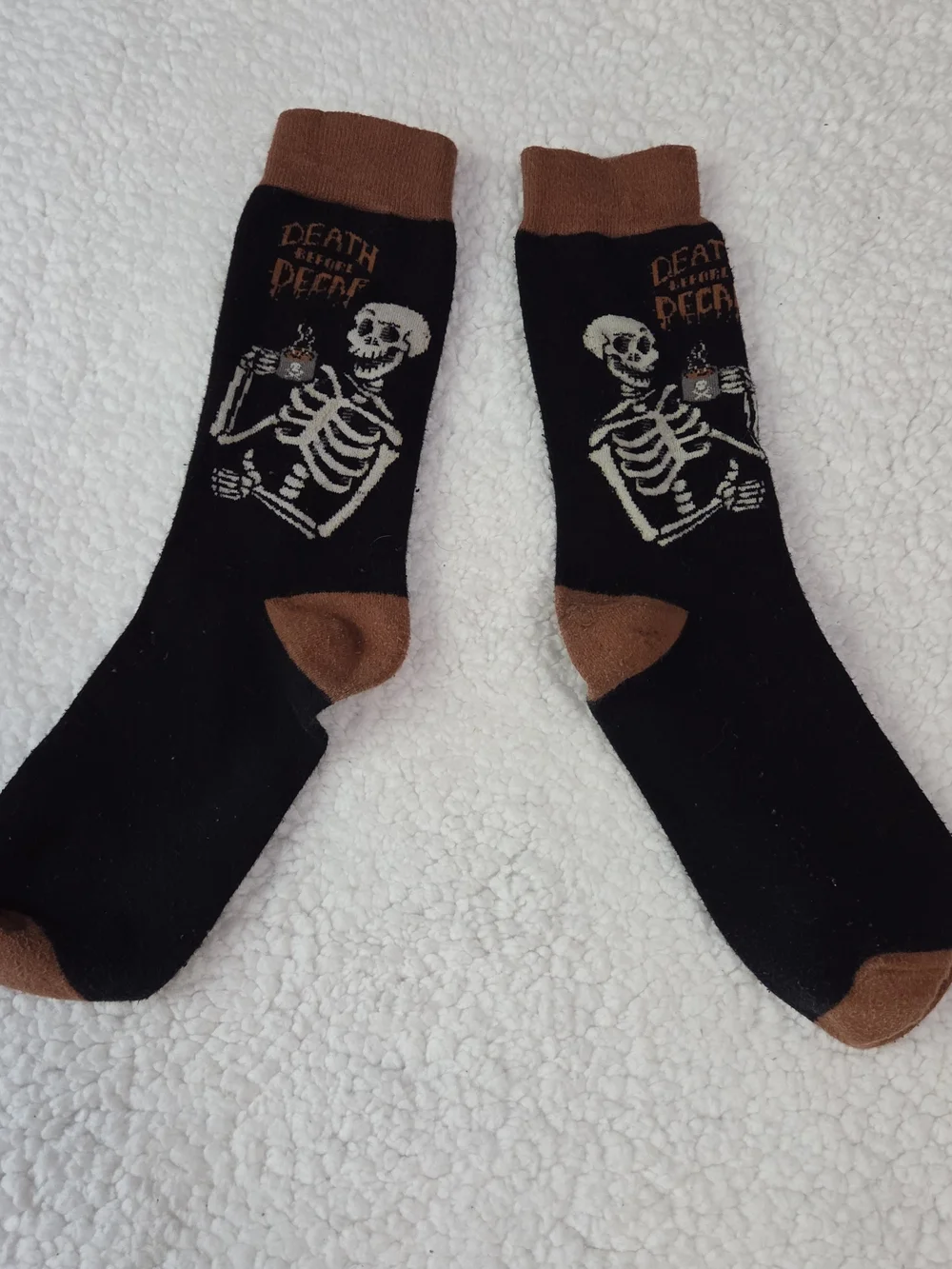 Adult Crew Socks Death Before Decaf Skeleton Skull Black Brown Novelty Funny